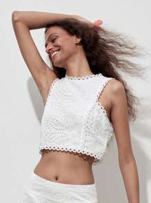 1 chiếc áo croptop không tay thêu hoa khoét rỗng kiểu vintage, họa tiết hoa ngẫu nhiên. - trắng - Xem 4