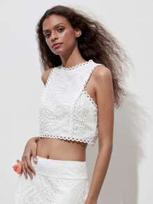1 chiếc áo croptop không tay thêu hoa khoét rỗng kiểu vintage, họa tiết hoa ngẫu nhiên. - trắng - Xem 5