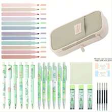 36Pcs Cute School Supplies With Cute Pen Case, 12 Pastel Highlighters, 6 Black Ink Gel Pens, 6 0.5mm Kawaii Mechanical Pencils Set For Students Stationery College Essentials Back To School