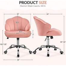 Velvet Vanity Chair With Wheels, Adjustable Home Office Chair With Shell-Shaped Back Swivel Chairs Desk Chair For Bedroom Makeup, Pink
