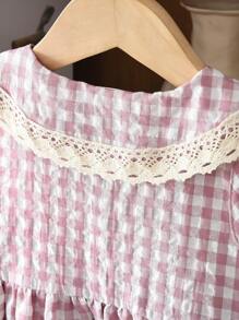 Summer Sweet & Cute Plaid Print Woven Fabric Lace Collar Camisole Dress For Girls - Pink - View 5