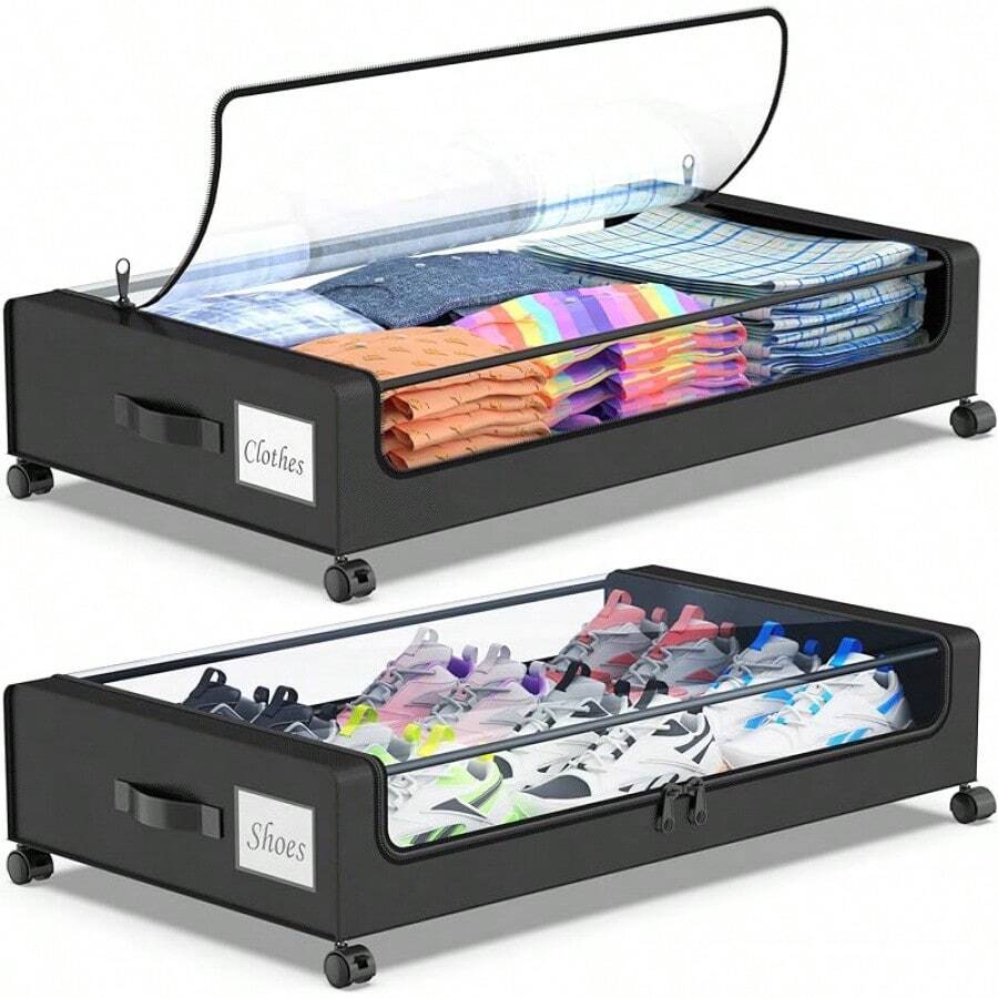 Beborxue Under Bed Storage With Wheels, 2-Pack Under The Bed Storage Containers With Lids, XXL 60L Under Bed Shoes Storage Organizer Bins, Rolling Underbed Storage Clothes, Shoes, Blankets (Black) - 2 Pack-bLACK - View 1