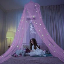 1Set Pink/Purple/Colorful/White/Blue Bed Canopy For Girls With Glowing Stars ,Baby/Children's Christmas Gifts,Canopy Bed Curtains | Fits Single, Twinr - Pink - View 3