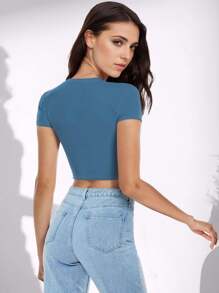 GEREARC Womens Slim Fitted Crop Tops - Basic Crew Neck Short Sleeve Basic Tees For Going Out - xanh xám - Xem 2