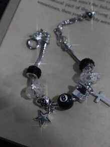 1 件 8 球台球吊饰可调节手链、1 件星形和十字吊饰手链、1 件豹纹和极简主义吊饰手链、可调节情侣手链 - 銀色 - 查看 9