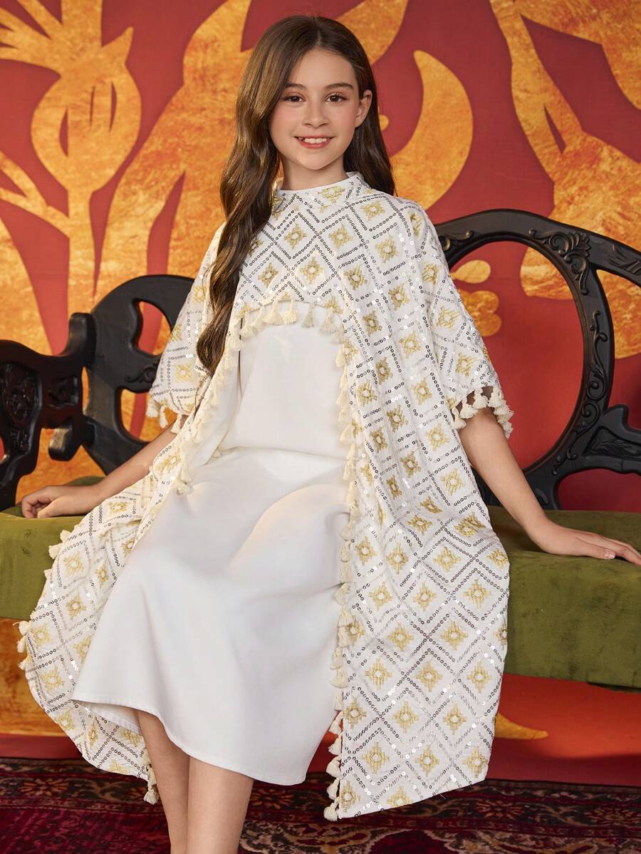 Tween Girls Long White Embroidered Dress With Beaded Embroidery, African Style - White - View 1
