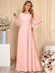 Elegant Chiffon Round Neck Lantern Sleeve Long Sleeve Light Pink Bridesmaid Dress, Suitable For Special Occasions, Galas, Wedding Guests, Etc. - Baby Pink - View 8