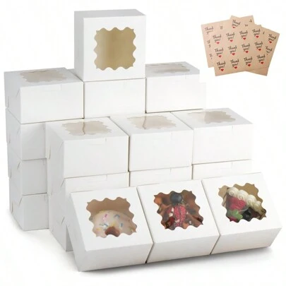 50 opakowań białych/kraftowych pudełek na wypieki z okienkiem, tekturowych pudełek prezentowych na ciastka, tarty, babeczki z naklejkami "Dziękuję"