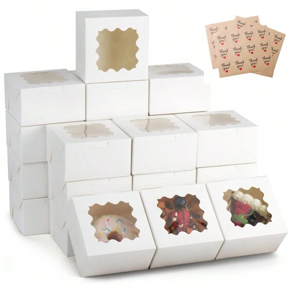 50 scatole da forno in carta bianca/kraft con finestra, scatole regalo in cartone per pasticcerie, biscotti, torte, cupcake, con adesivi 'Grazie'