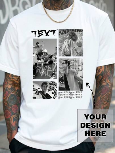 Personalized Photo-Customized Men's T-Shirts For Spring And Summer. Customize With Your Own Photos (Group Photos, Photos Of Your Loved One, Family, Pets, Or Best Friends), And Enter Your Text (Name, Message, Funny Text, Or Blessing). Black T-Shirts Are Perfect For Holidays, Anniversaries, Company Team Building, Music Festivals, Or As A Gift. Also Suitable For Spring/Summer Short-Sleeved Shirts And Party Attire.