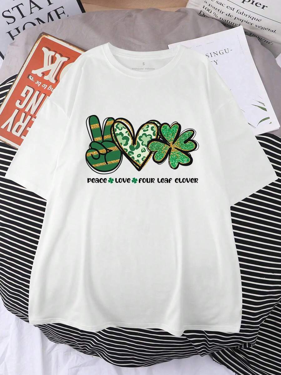 女士宽松休闲T恤，超大码女士时尚休闲爱心与三叶草印花短袖T恤，白色女士圆领宽松舒适休闲运动短袖T恤，女士白色上衣，女士白色短袖T恤，春夏服装