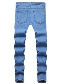 男士修身水洗纯色复古个性时尚青年紧身长裤 - 藍色 - 查看 2