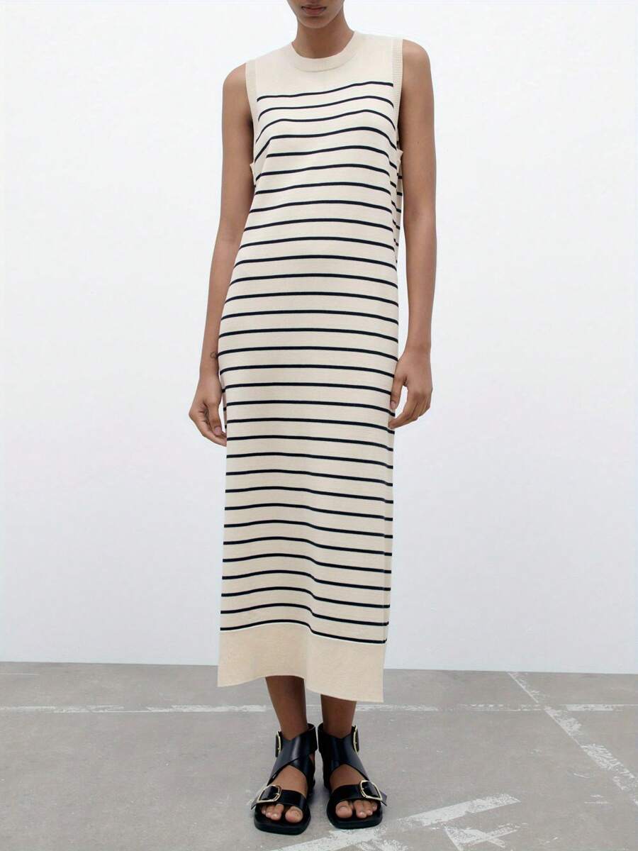 Women's Summer Knit Tank Dress Stripe Print Sleeveless Round Neck Slim Long Dress