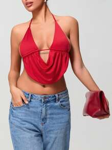 Women's Summer Halter Neck Vest Sleeveless Deep V Neck Solid Color Crop Tank Tops - Red - View 4