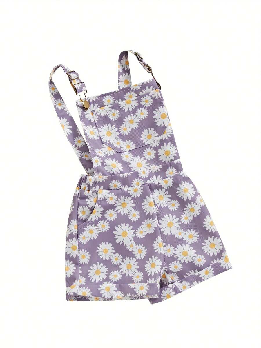 Kids Girls Jean Overalls Daisy Print Sleeveless Adjustable Strpas Imitation Denim Shortall Summer Romper Jumpsuit - 紫羅蘭 - 查看 1