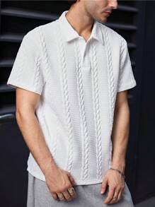 Men's Popular Personalized Solid Color Elastic Wheat Jacquard Turn-Down Collar 4/1 Half-Button Short Sleeve Polo Shirt, Simple And Elegant Fit Suitable For Casual, Fashionable, Outdoor, Commuting, Street Style, New Summer Top