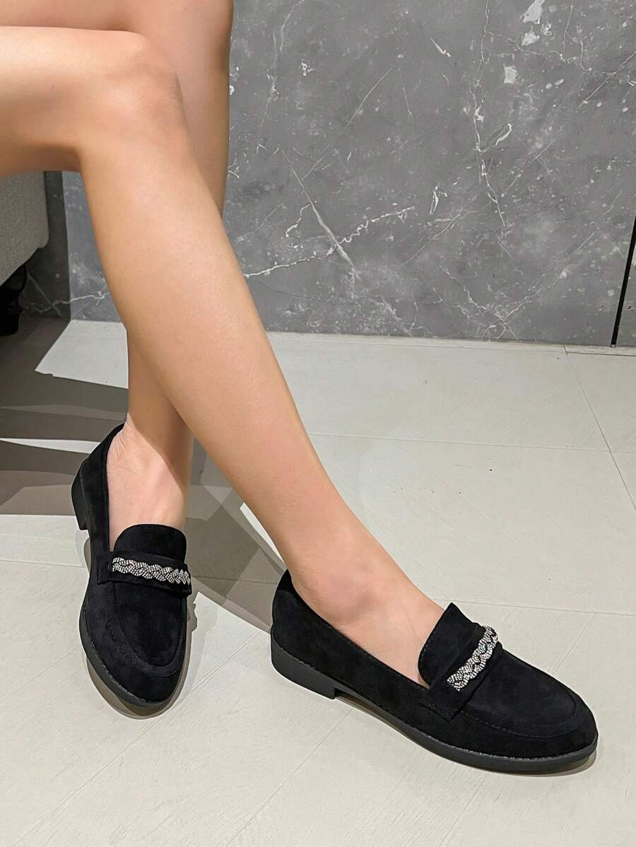 REVREAL Chic Rhinestone Embellished Loafers - Black - View 1