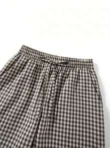 Women Wide Leg Pants Casual Loose Elastic Plaid Trousers With Pockets For Work Office Streetwear - Cà phê nâu - Xem 5