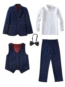 Boys Suits Grid 5-Pieces Suit Set Toddler Tuxedos Dresswear Ring Bearer Outfit Wedding Blazer Vest Pants Shirts Tie Formal Suits For Kids Navy Blue Size 6-16Y