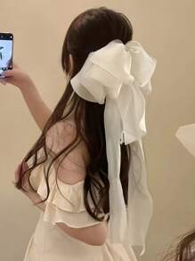 1 Stück Oversized Tüll-Schleifenclip mit langem Streifen, schwarze Haarklammer, elegante atmosphärische Haarzubehör für Frauen für den täglichen Gebrauch, Partys, Hochzeiten geeignet