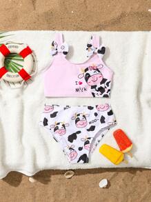 2 Pcs Cute Cow Print Sports/Swimming/Holiday Wear, Spring/Summer - Pink - View 3