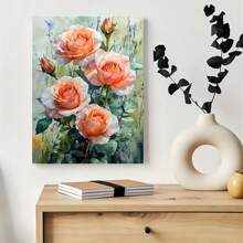 Room Decor 1pc Orange Roses Canvas Wall Art, Wooden Framed Floral Print, Bachelor Party Decor, Artwork For Living Room, Bedroom, Kitchen, Home & Office, Unique Christmas Gift Idea