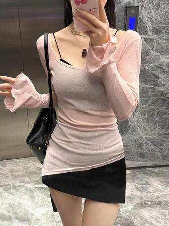 女士性感 V 领 T 恤，2024 美式修身喇叭袖透明套头衫，夏季