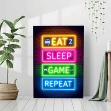 1pc Framed Canvas Poster, Neon Sign With Eat Sleep Game Repeat Text And Related Icons Wall Art Canvas Paintings, Ideal Gift For Bedroom Living Room Corridor, Wall Art, Room Decoration