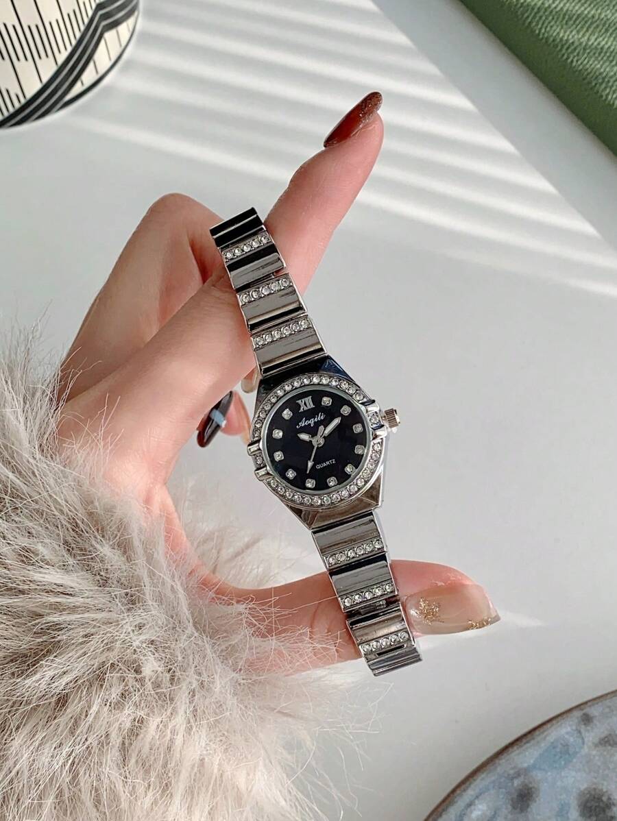 GUQI Marka 1 szt. Elegancki damski zegarek kwarcowy z diamentami, modny srebrny zegarek na bransoletce z kryształkami jako prezent dla uczniów wracających do szkoły, codzienne dopasowanie - one-size - Zobacz 1