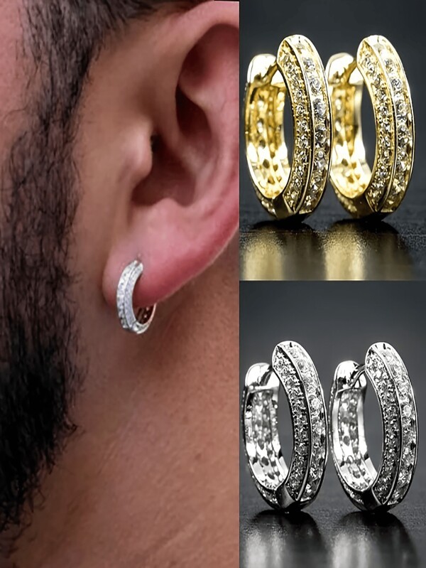2pcs Men's Hip Hop Punk Earrings With Titanium Stud Earrings, Gold And Silver Double-Colored Diamond Earrings