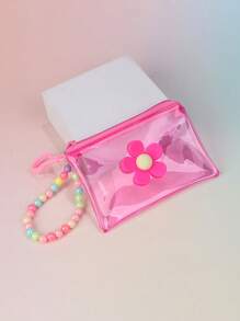 彩色透明零钱包，花卉串珠链儿童纯色钥匙扣袋，迷你收纳袋