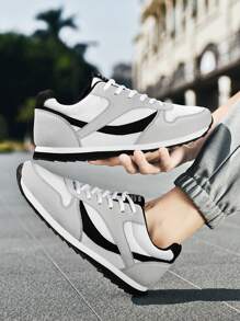 Men's Casual Outdoor Sport Shoes, Solid Color, Versatile, Breathable, Anti-Slip, Fabric Mesh Low-Top Lace-Up Low Heel Sneakers - Black and White - View 4