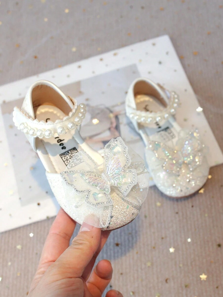 女孩亮面蝴蝶装饰舒适平底户外凉鞋 - 米色 - 查看 1