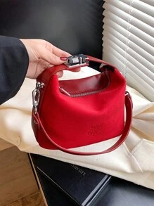 1pc Popular Red Handbag, Refined Women's Fashion Velour Suede Feeling Dumpling Style Bag, Large Capacity Niche Lady's Tote Shoulder Bag, Newest Fashionable Suede Bag For Women - Red - View 2