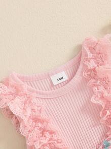Peleles para niñas, vestidos de Pascua, encaje con volantes, estampado de huevos de Pascua, falda con dobladillo, monos para bebés con diadema - Rosa - Ver 7