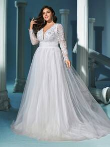QOQ Plus Size Romantic Wedding Dress, Suitable For Wedding Ceremony And Wedding Photography, White Deep V-Neck Lace Mesh Patchwork Long Sleeve Wedding Gown, For Valentine's Day - White - View 6