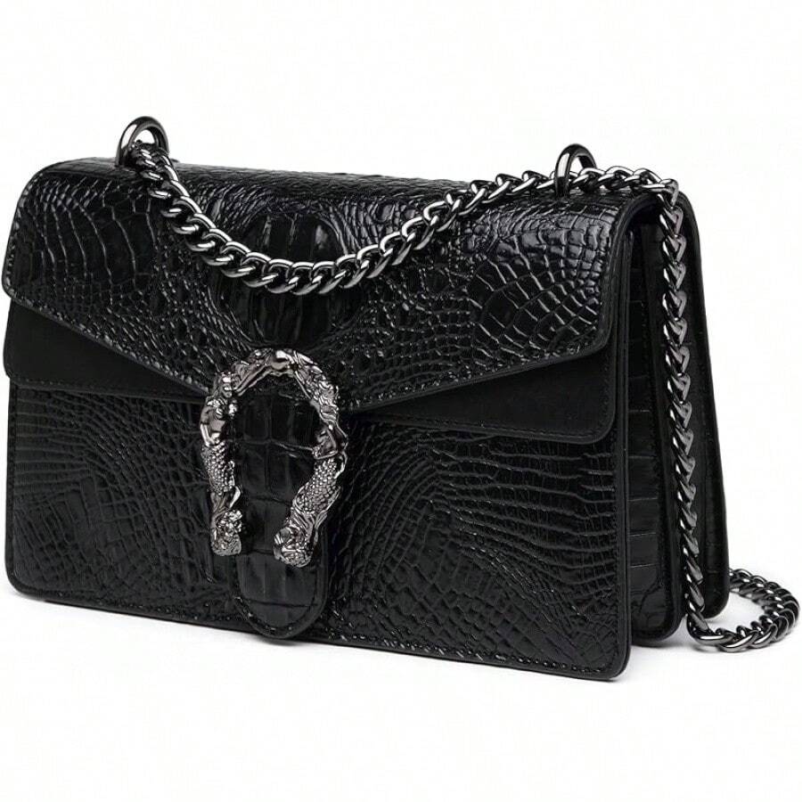 Crossbody Bags For Women - Snake Printed Clutch Purses Leather Chain Shoulder Bags Evening Handbags - Bright Black - 查看 1