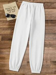 Women's Solid Color Lace-Up Pocket Simple Casual Drawstring Sweatpants - White - View 2