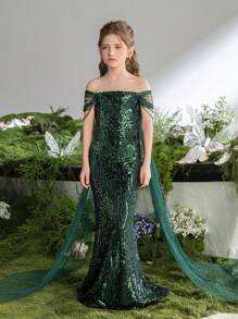 女童露肩珠饰亮片美人鱼尾派对礼服
