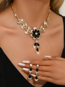 3 件金色和黑色珠宝套装，优雅的花卉设计，适合宴会、派对、节日