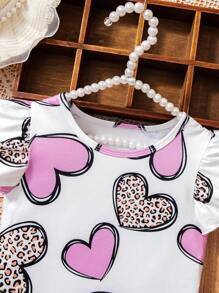 Bộ 2 áo thun in hình trái tim báo cho bé gái + váy xếp ly viền bèo nhún, bộ đồ mùa hè phong cách công chúa cho bé gái, hoàn hảo cho buổi chụp ảnh gia đình và đi chơi, nhẹ và thời trang, mùa xuân/hè - Hồng - Xem 3