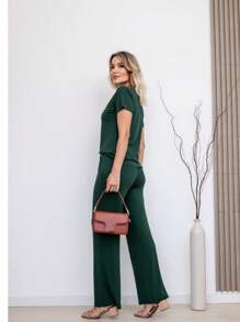Women's 2-Piece Knit Set Blouse And Trousers - Màu xanh lá cây đậm - Xem 2