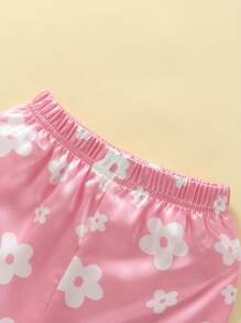 Kid Girl 2pcs Casual Pajamas, Short Sleeve Lapel Neck Floral Print Buttons Tops + Loose Short Pants Sets - 粉色 - 查看 6