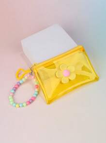 彩色透明零钱包，花卉串珠链儿童纯色钥匙扣袋，迷你收纳袋