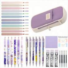 36Pcs Cute School Supplies With Cute Pen Case, 12 Pastel Highlighters, 6 Black Ink Gel Pens, 6 0.5mm Kawaii Mechanical Pencils Set For Students Stationery College Essentials Back To School