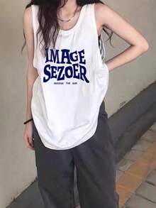 White Racerback Tank Top For Women, Loose Fit, American Sweet & Spicy Design, Stylish Sleeveless T-Shirt, Summer