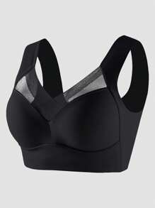 Women's Sports Seamless Mesh Patchwork Wireless Non-Padded Everyday Bra - Black - View 6