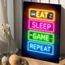 1pc Framed Canvas Poster, Neon Sign With Eat Sleep Game Repeat Text And Related Icons Wall Art Canvas Paintings, Ideal Gift For Bedroom Living Room Corridor, Wall Art, Room Decoration