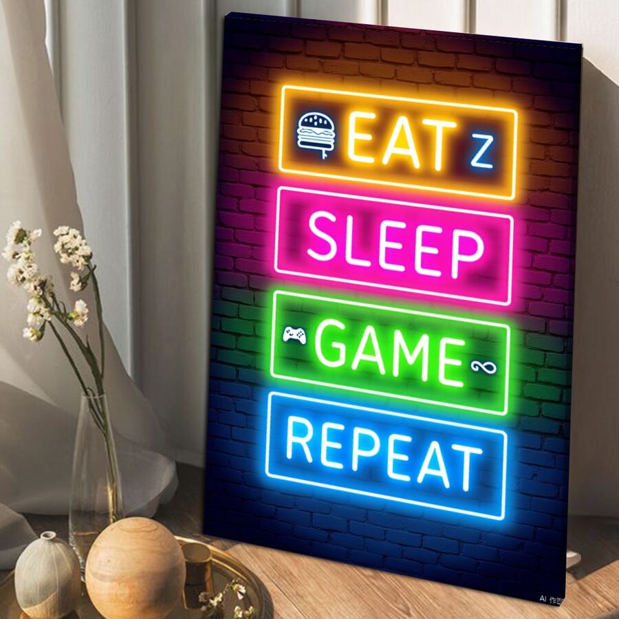 1pc Framed Canvas Poster, Neon Sign With Eat Sleep Game Repeat Text And Related Icons Wall Art Canvas Paintings, Ideal Gift For Bedroom Living Room Corridor, Wall Art, Room Decoration