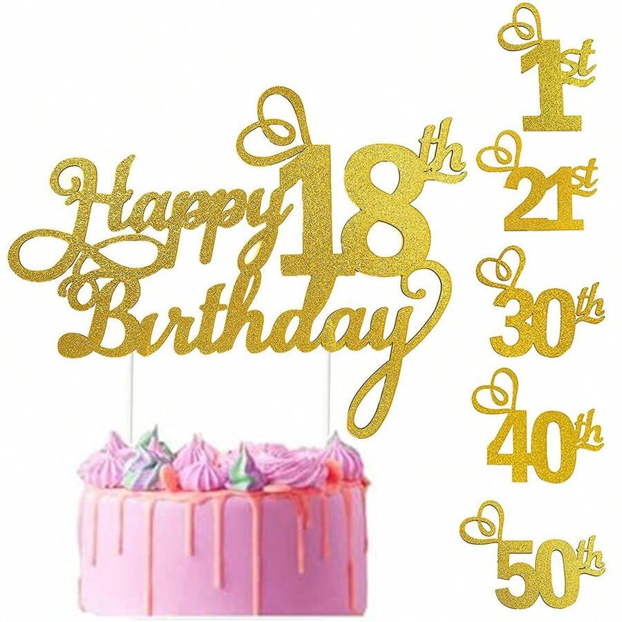 生日快乐蛋糕装饰 - 闪光金色生日蛋糕装饰用品、周年纪念、生日派对装饰品（金色） - 金色 - 查看 1